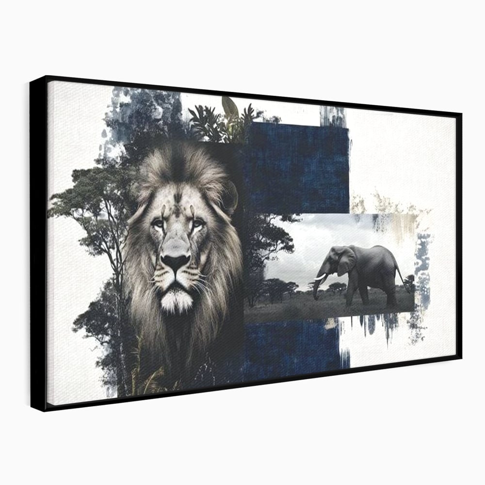 Tablou canvas cu tablou canvas cu leu si elefant, in rama de aluminiu negru